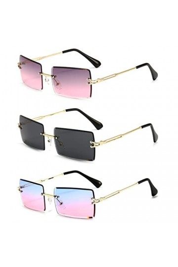 TSLRSA Lot de 3 paires de lunettes de soleil, en forme de rectangle, sans bord/cadre, style rétro, lentille transparent, unis