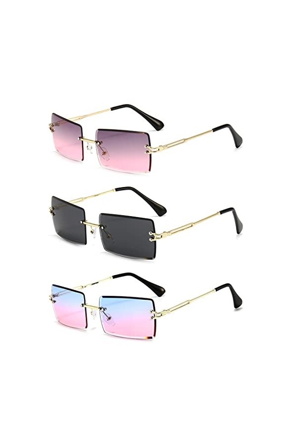 TSLRSA Lot de 3 paires de lunettes de soleil, en forme de rectangle, sans bord/cadre, style rétro, lentille transparent, unis