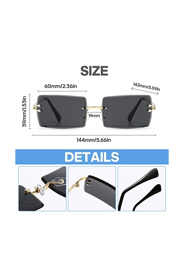 TSLRSA Lot de 3 paires de lunettes de soleil, en forme de rectangle, sans bord/cadre, style rétro, lentille transparent, unis