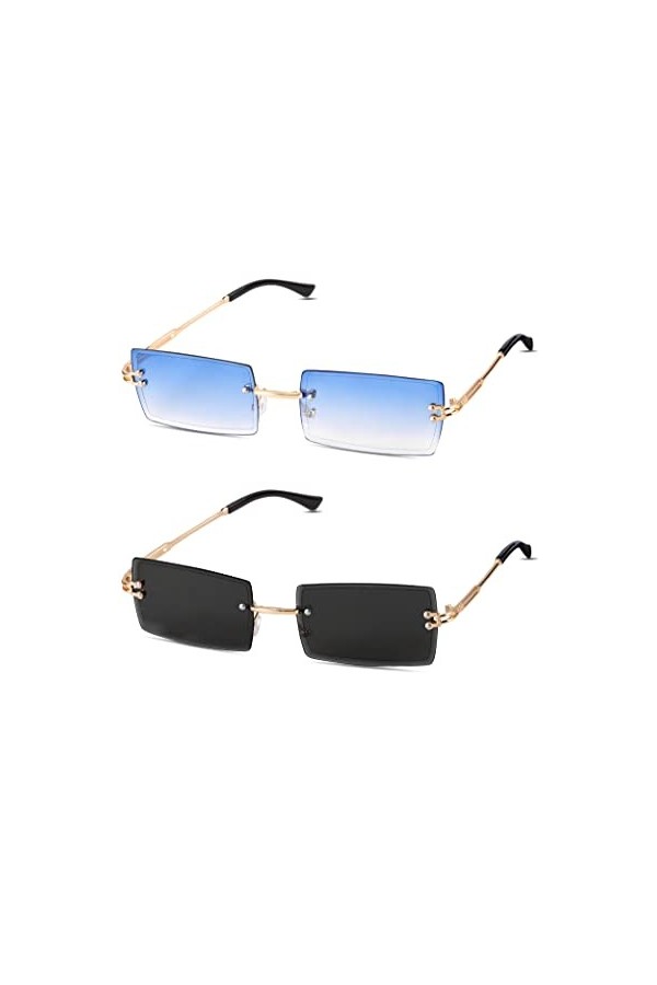 Kiiwah 2 Paires de Lunettes de Soleil Rectangulaires Sans Monture, Lunettes de Soleil Carrées Rétro Carrées Dégradé Lunettes 