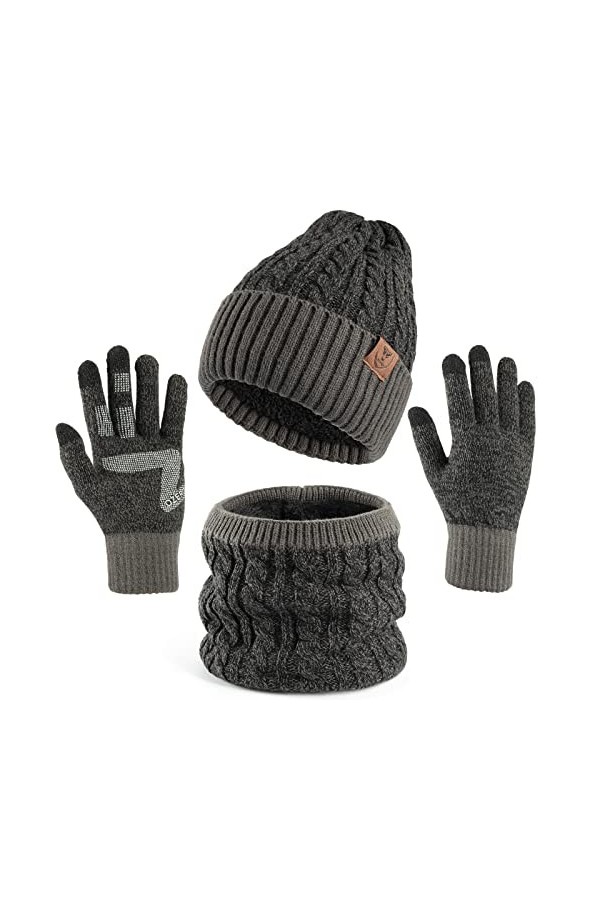 OZERO Bonnet dhiver chaud en tricot avec gants et écharpe en boucle avec doublure polaire pour homme et femme