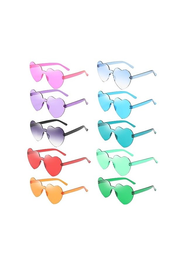 JSKWIKE 10 Pcs de Lunettes Soleil Sans Monture en Forme Coeur Lunettes Soleil Coeur Sans Cadre Verres Clairs Couleur Bonbon L