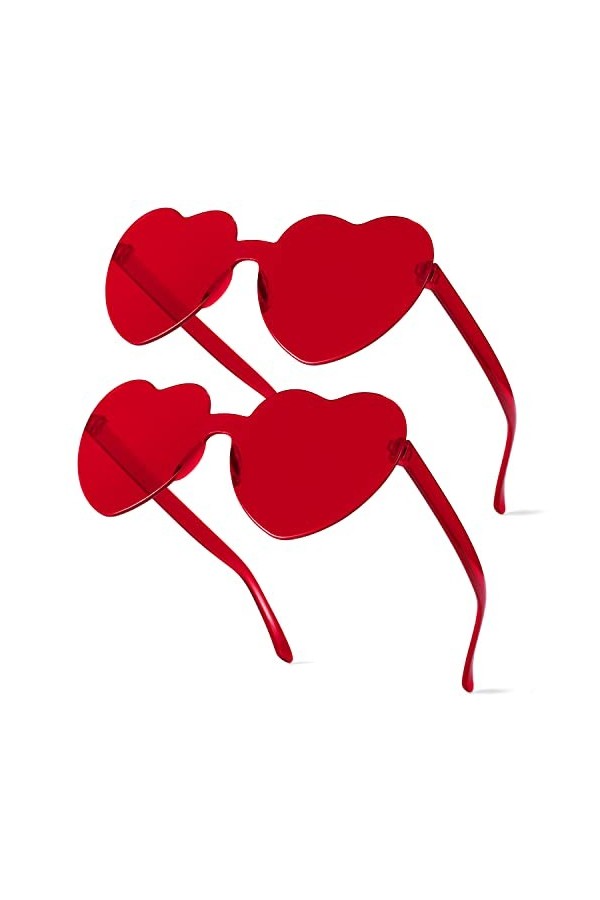 Lot de 2 lunettes de soleil vintage en forme de cœur sans monture pour filles et femmes, pour plage, fête, cosplay rouge 