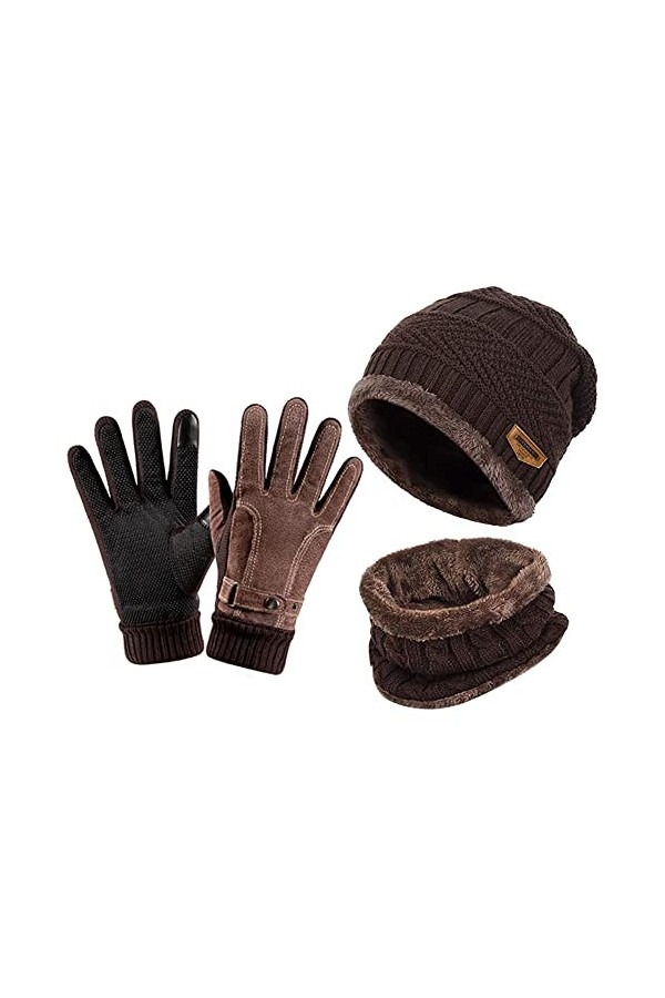 YULOONG Ensemble bonnet, écharpe, gants tricotés, tour de cou, gants de conduite à écran tactile pour homme et femme, marron
