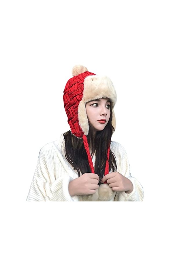 Chapeaux dhiver pour femme avec cache-oreilles,Bonnet bomber tricoté en fausse fourrure,Chapeau de trappeur en tricot,Chapea