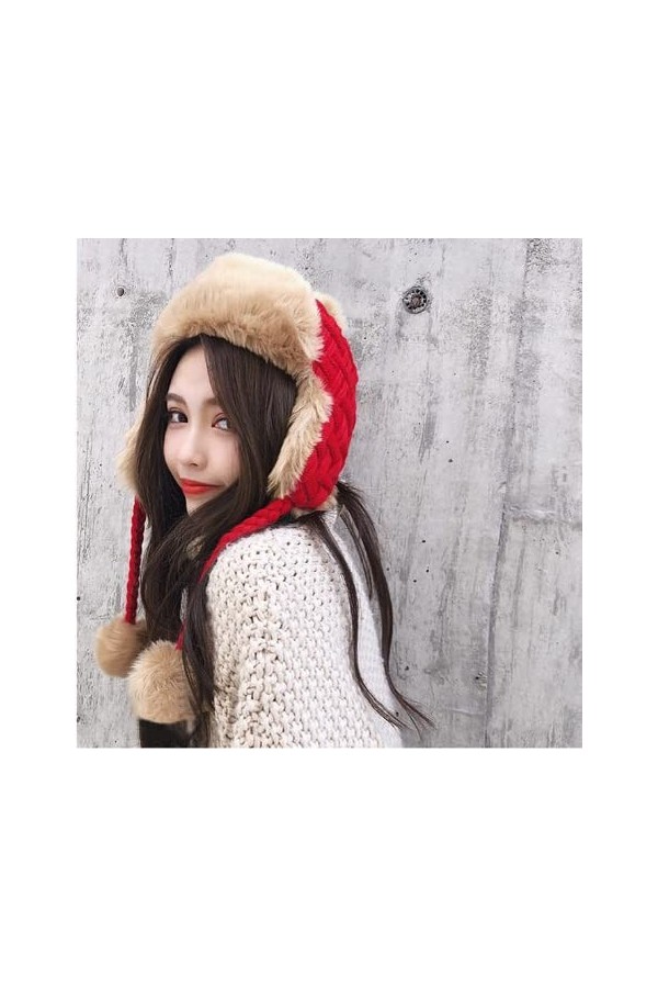 Chapeaux dhiver pour femme avec cache-oreilles,Bonnet bomber tricoté en fausse fourrure,Chapeau de trappeur en tricot,Chapea