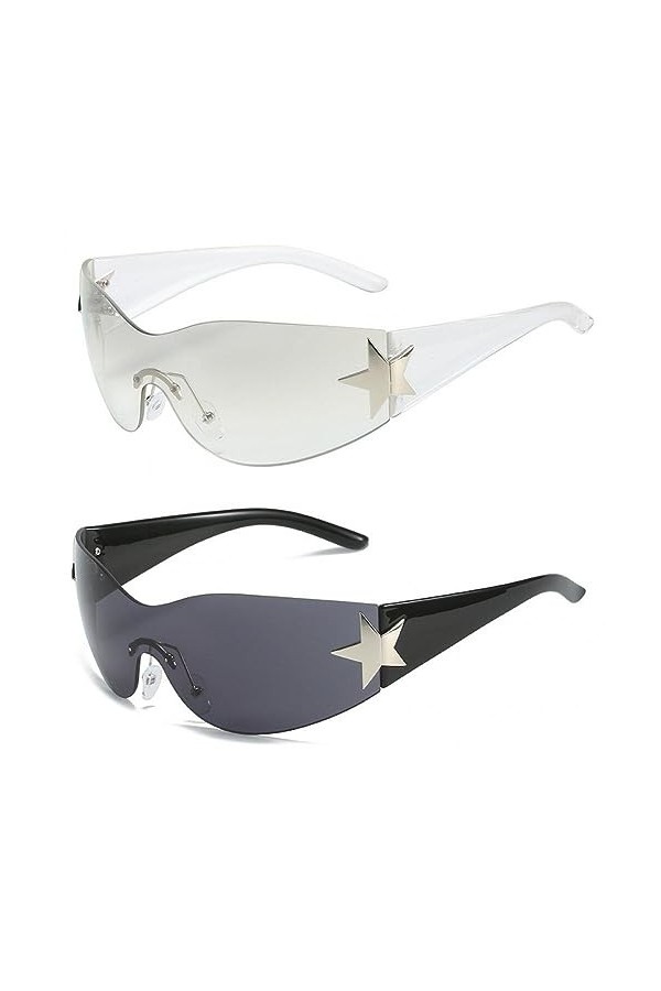 Fopytu 2 pièces lunettes de soleil sans monture Y2k pour femmes hommes, lunettes de soleil à la mode enveloppantes surdimensi