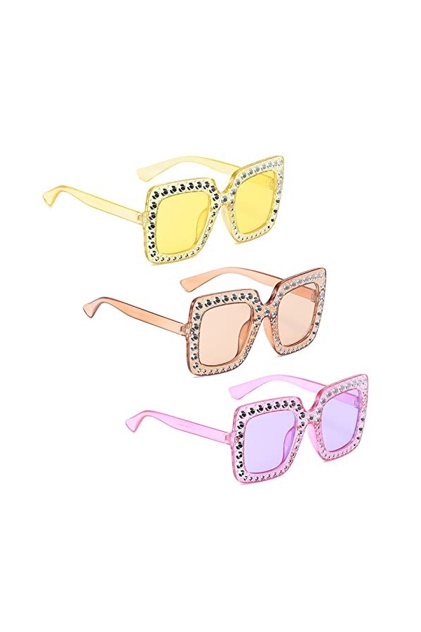 Beamely Lot de 3 paires de lunettes de soleil surdimensionnées avec strass - Monture épaisse - Unisexe - Pour homme et femme,