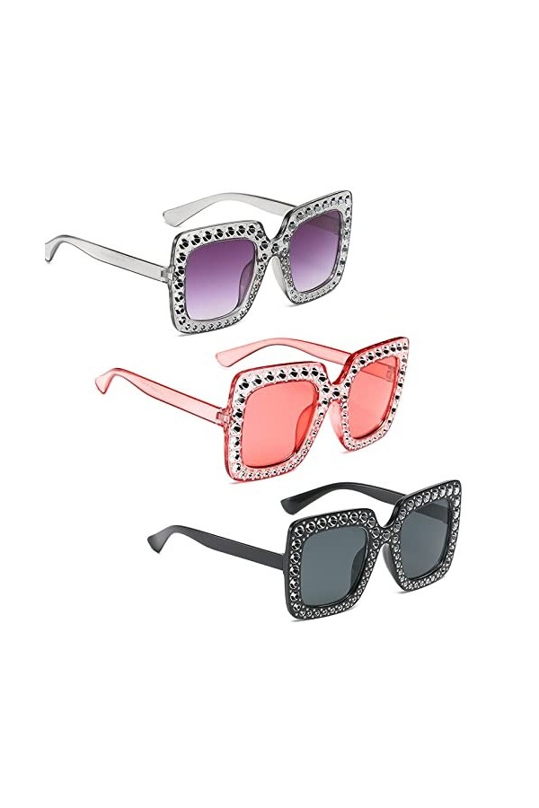 Beamely Lot de 3 paires de lunettes de soleil surdimensionnées avec strass - Monture épaisse - Unisexe - Pour homme et femme,