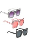 Beamely Lot de 3 paires de lunettes de soleil surdimensionnées avec strass - Monture épaisse - Unisexe - Pour homme et femme,