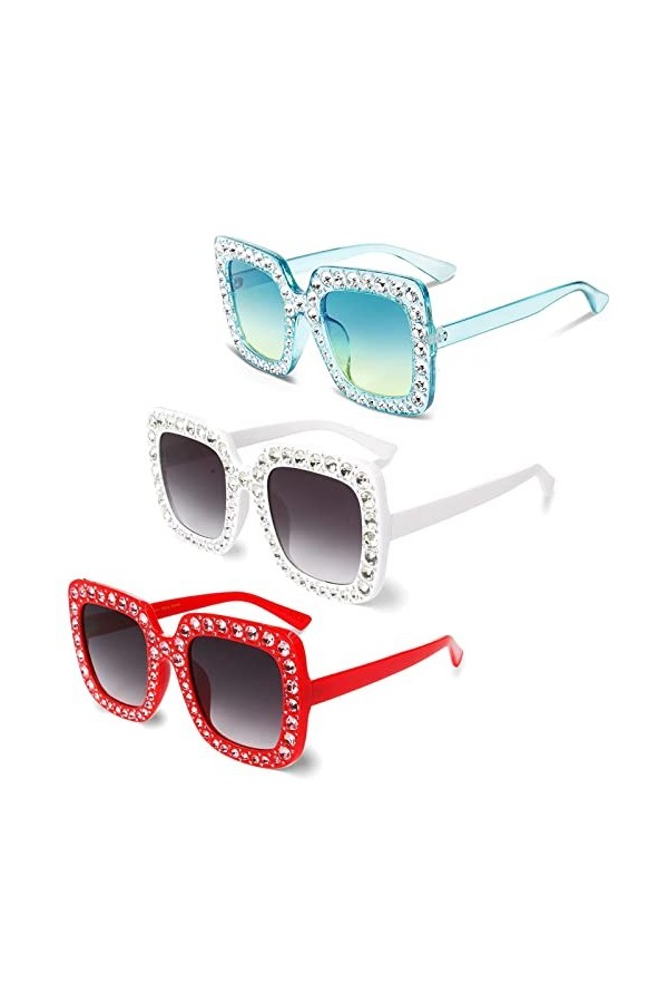 Beamely Lot de 3 paires de lunettes de soleil surdimensionnées avec strass - Monture épaisse - Unisexe - Pour homme et femme,