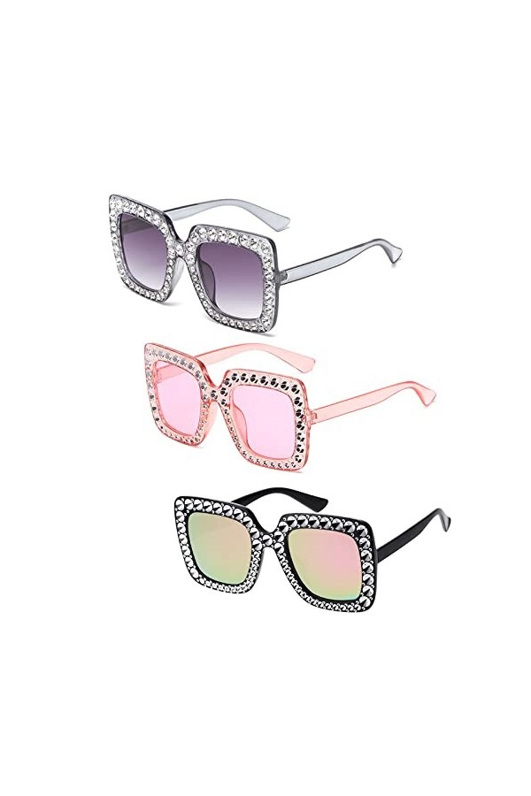 Beamely Lot de 3 paires de lunettes de soleil surdimensionnées avec strass - Monture épaisse - Unisexe - Pour homme et femme,