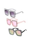 Beamely Lot de 3 paires de lunettes de soleil surdimensionnées avec strass - Monture épaisse - Unisexe - Pour homme et femme,