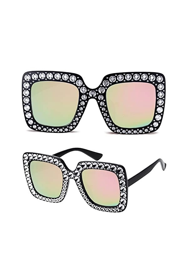 Beamely Lunettes de soleil surdimensionnées en strass, monture épaisse, lunettes de soleil en cristal étincelant, unisexe pou