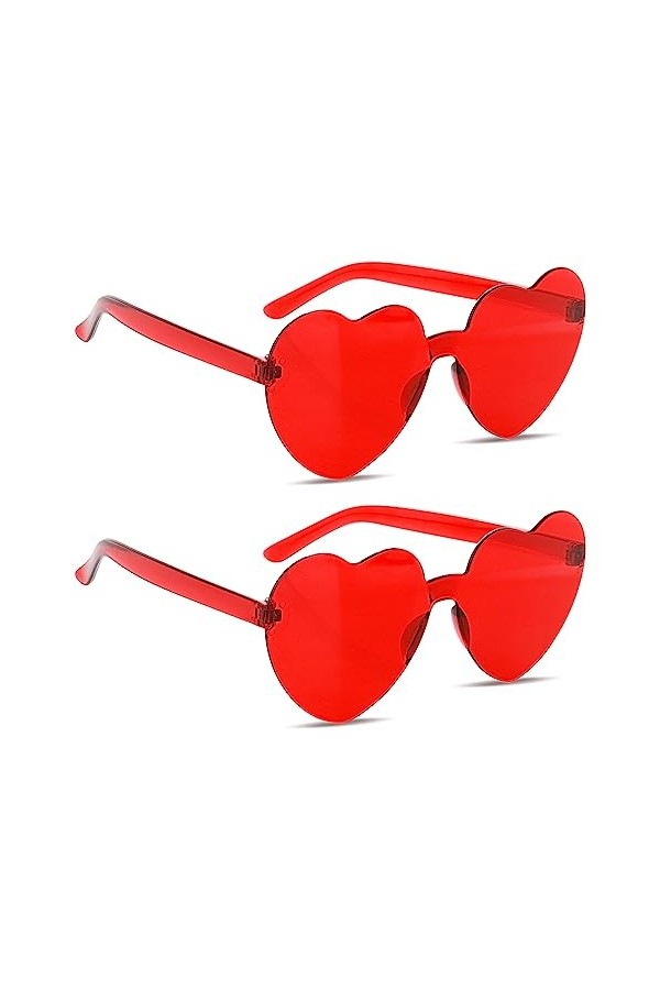 Sibba Lot de2 Lunettes de Soleil Sans Monture en Forme de Cœur pour Homme et Femme Transparentes Rouge Bonbon Sans Monture Lu