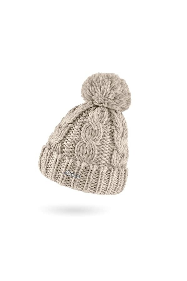 Neverless® Bonnet dhiver pour femme en grosse maille tricotée avec pompon, Blanc., taille unique