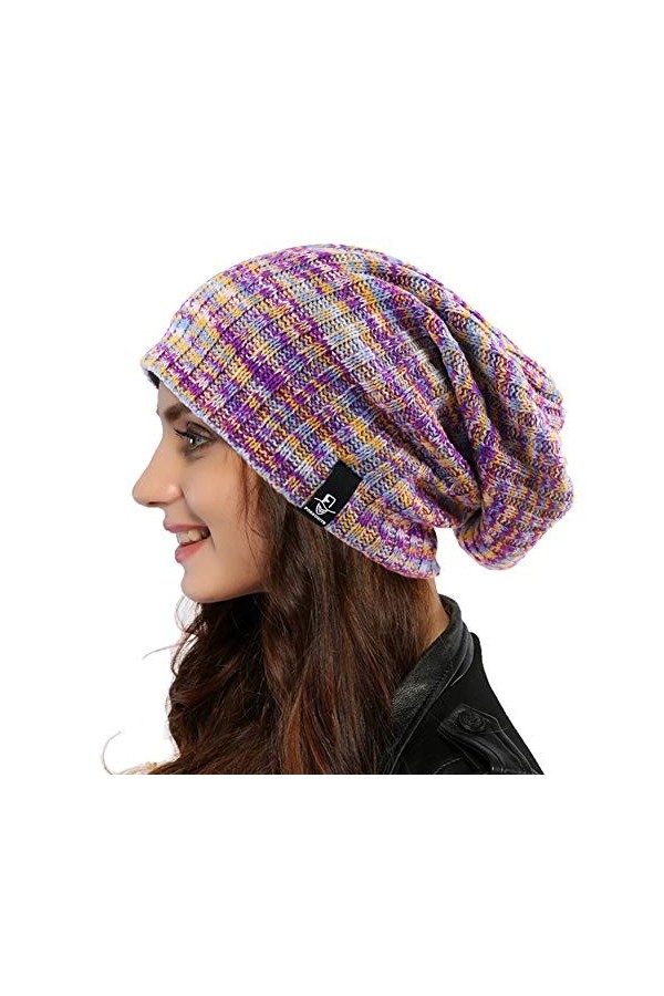 Ruphedy Bonnet Femmes Long Slouchy Oversized Béret Bonnet Tricot Hiver Chapeau B08w 309w-Purple/Multi