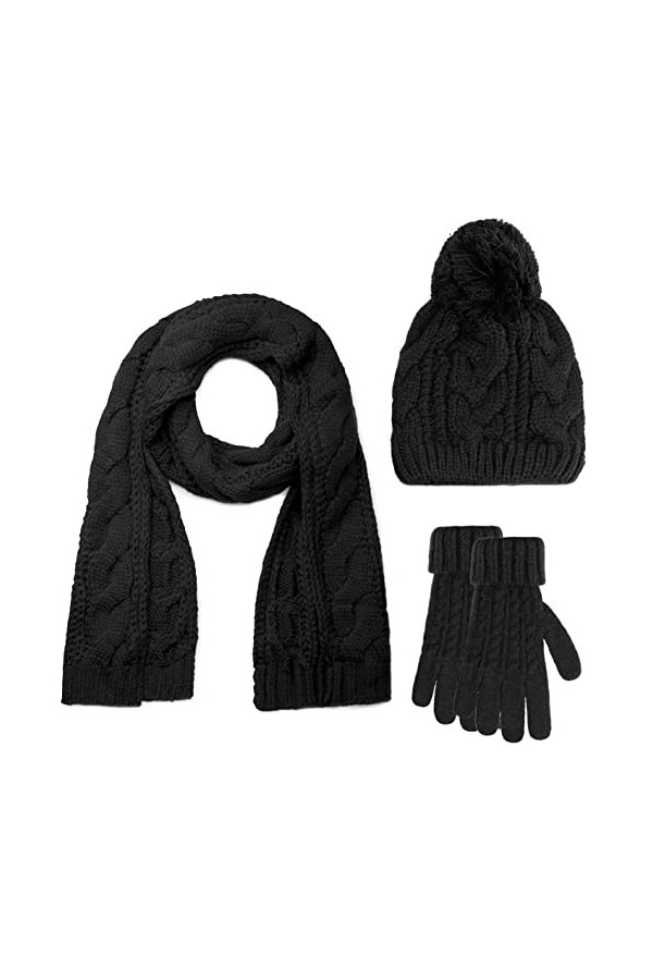 CheChury Chapeau Gants Écharpe Ensemble pour Femmes Dames Filles Doux Chaud Bonnet Tricoté Bonnet à Pompon Chapeau Long Échar