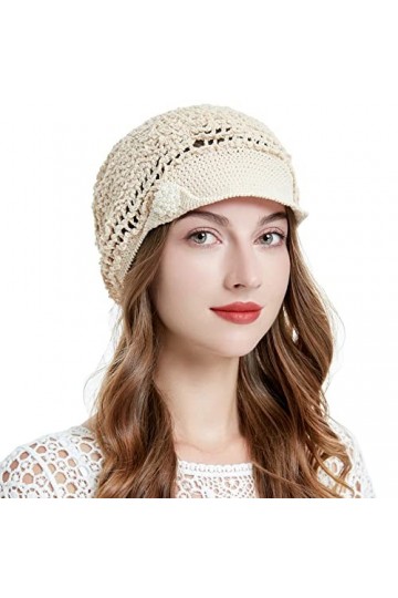 ZLYC Bonnet dété souple en crochet pour femme fait à la main avec visière, Beige uni., taille unique