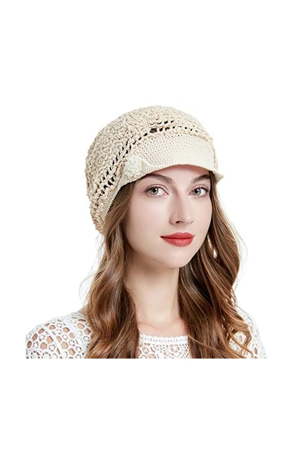 ZLYC Bonnet dété souple en crochet pour femme fait à la main avec visière, Beige uni., taille unique