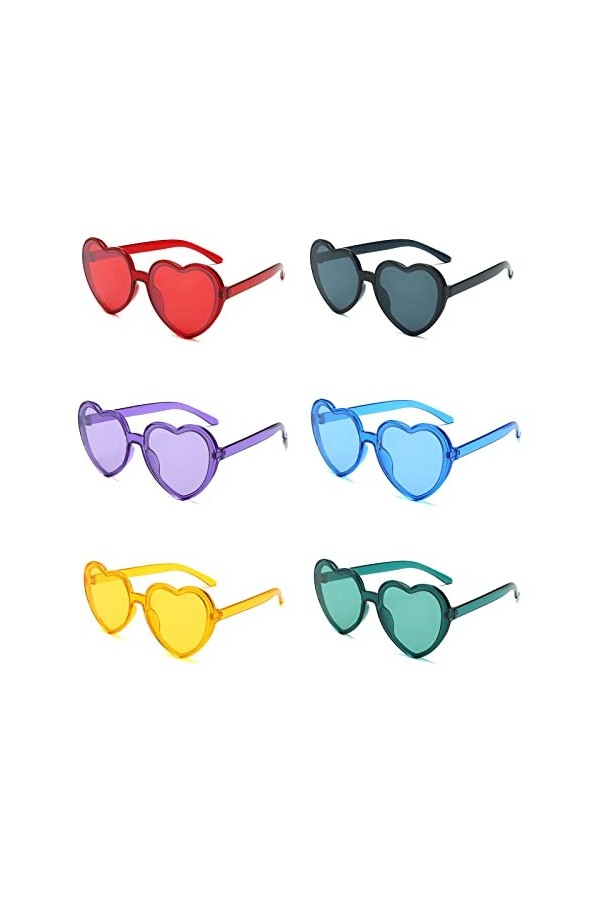 YAMEIZE Lot de 6 paires de lunettes de soleil vintage en forme de cœur pour femmes, hommes, enfants, protection UV400, B+g+y+