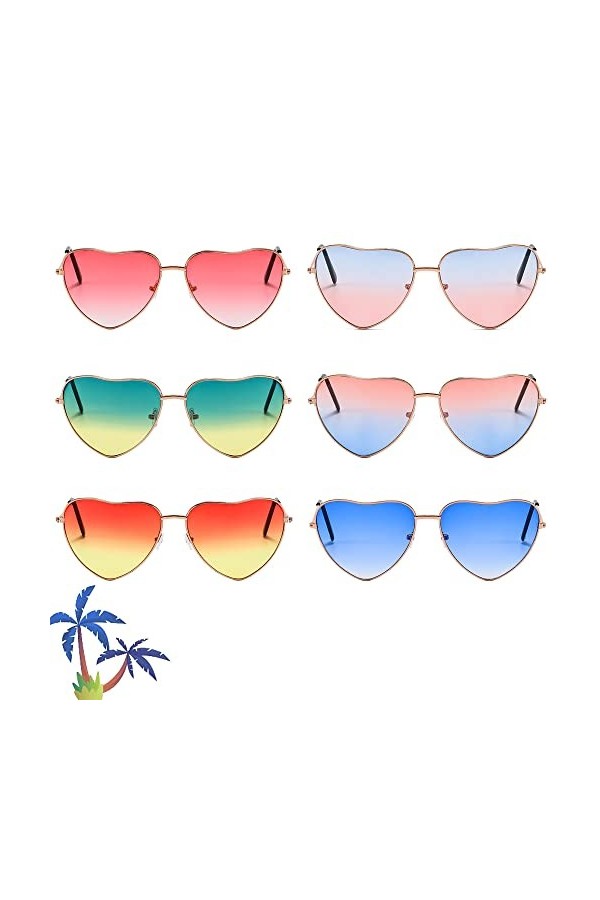 Lunettes de Soleil Hippie,6 Paires Lunettes de Soleil Hippie Rétro,Lunettes en Forme de Coeur,Lunettes de Soleil Hippies en C