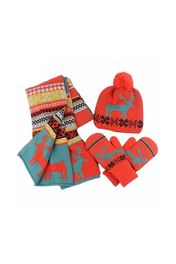 Christmas Moose Ensemble dhiver 3 pièces avec bonnet, écharpe et gants, Orange, Taille unique