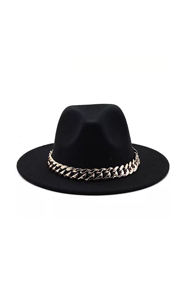 EGROOV Chapeau Femme Large Bord Bande de chaîne en Or épais Noir Beige Chapeau feutré Cowboy Jazz Hommes Casquettes Femmes Ch