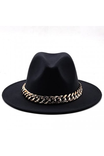 EGROOV Chapeau Femme Large Bord Bande de chaîne en Or épais Noir Beige Chapeau feutré Cowboy Jazz Hommes Casquettes Femmes Ch