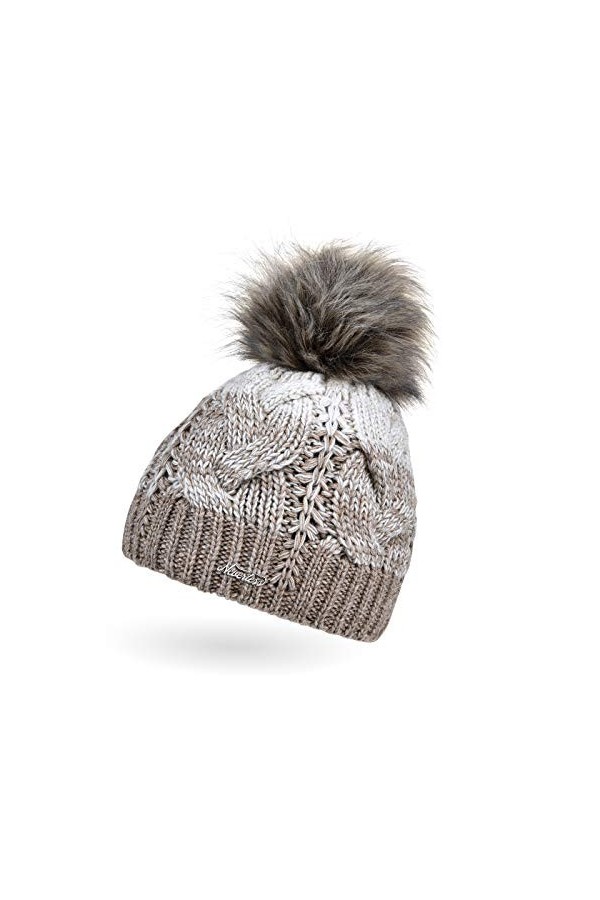 Neverless® Femme Bonnet Tricot Doublé Polaire Fourrure Pompon Fourrure Artificielle Bonnet Hiver Pompon Bonnet Bonnet à Pompo