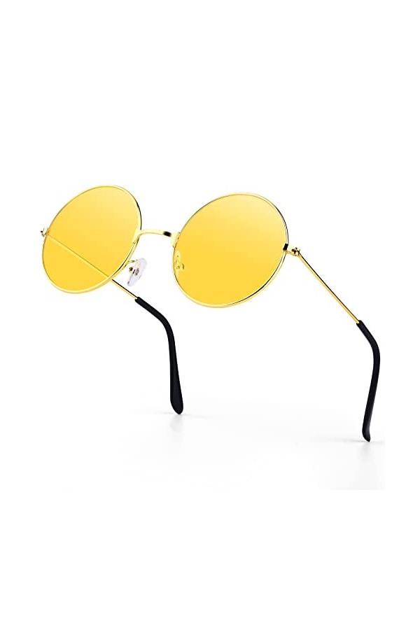 PROUSKY Lunettes de soleil rondes hippie rétro avec monture en or rose - Couleur bonbon - Lunettes vintage pour séance de rue