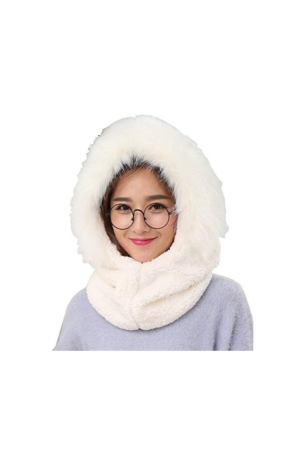 Amorar&nbsp;Fausse Fourrure Chapeau dhiver Bonnet avec Écharpe à Capuche Duveteux Bonnet 2 en 1&nbsp;Cache-Cou Unisexe Foulards Coupe-
