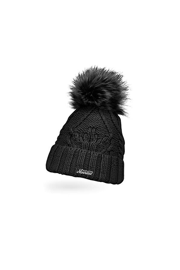 Neverless® - Bonnet tricoté pour femme - Doublure polaire - Pompon en fourrure synthétique - Bonnet dhiver tricoté - Bonnet 