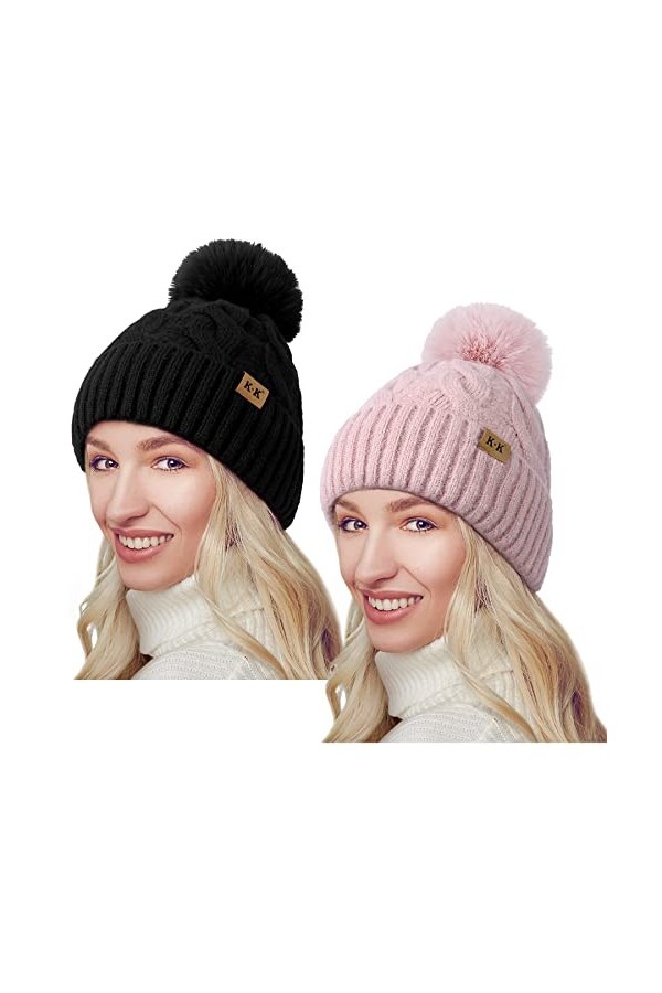 JORYEE Bonnet Wineter pour femme et homme - Bonnet tricoté chaud avec pompon doublure polaire épaisse pour lhiver automne, N