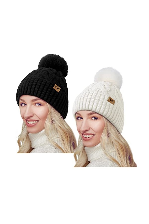 JORYEE Bonnet Wineter pour femme et homme - Bonnet tricoté chaud avec pompon doublure polaire épaisse pour lhiver automne, N