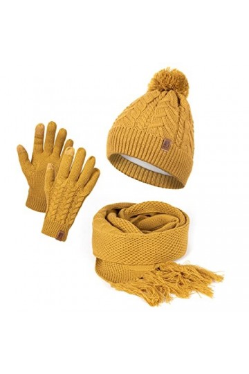 HEYO Ensemble bonnet et écharpe dhiver pour femme | Bonnet tricoté doublé avec pompon | Écharpe dhiver avec franges | Gants