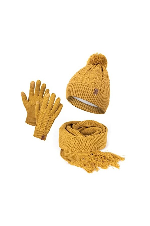HEYO Ensemble bonnet et écharpe dhiver pour femme | Bonnet tricoté doublé avec pompon | Écharpe dhiver avec franges | Gants