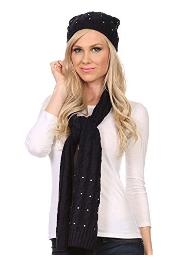 Sakkas CHSS1543 -Kae Jewel Ensemble Bonnet à Pompon et Foulard Maille Torsadée Clouté - Bleu marine - One Size Regular