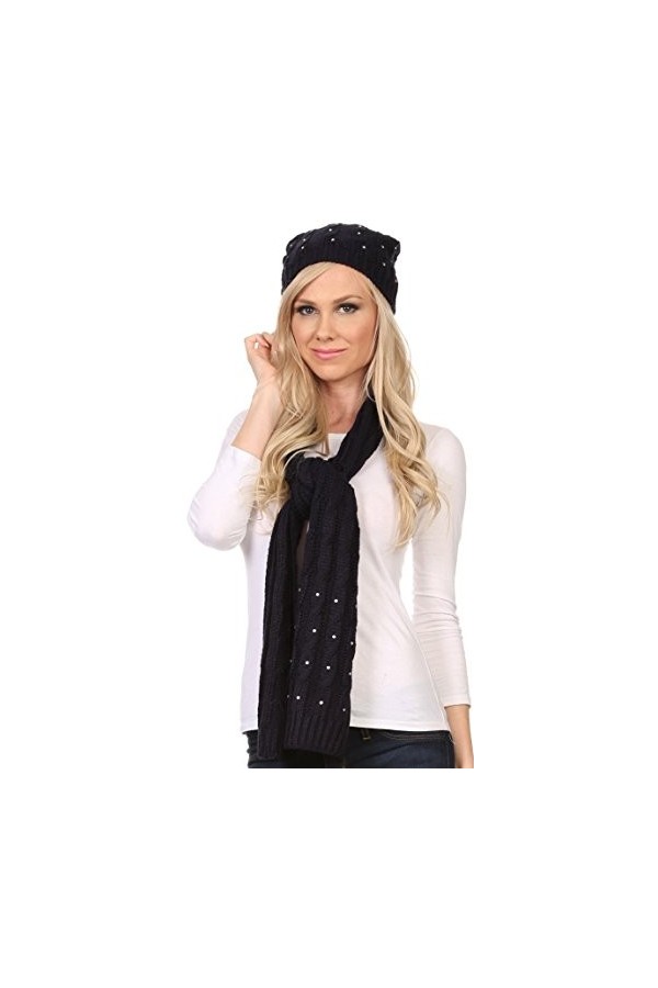 Sakkas CHSS1543 -Kae Jewel Ensemble Bonnet à Pompon et Foulard Maille Torsadée Clouté - Bleu marine - One Size Regular