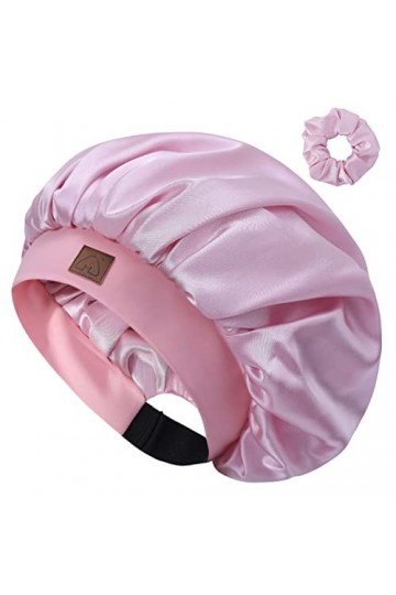 Hat Hut Bonnet en satin de soie pour cheveux bouclés - Bonnet de sommeil réglable avec motif - Double couche rose clair 