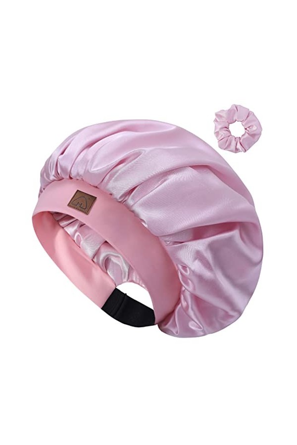 Hat Hut Bonnet en satin de soie pour cheveux bouclés - Bonnet de sommeil réglable avec motif - Double couche rose clair 