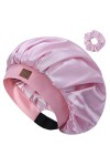 Hat Hut Bonnet en satin de soie pour cheveux bouclés - Bonnet de sommeil réglable avec motif - Double couche rose clair 