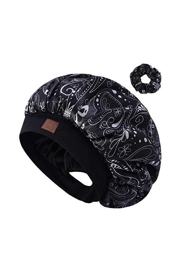 Hat Hut Bonnet en satin de soie pour cheveux bouclés - Bonnet de sommeil réglable avec motif - Double couche rose clair 