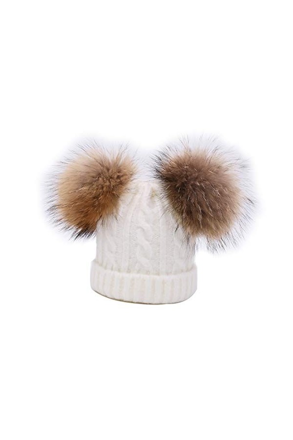 BeFur Mignon Bébé Bonnet à 2 Pompon Fourrure Enfant Fille Chapeau Béret à Laine Tricot Torsade Hiver 6mois-5ans Blanc