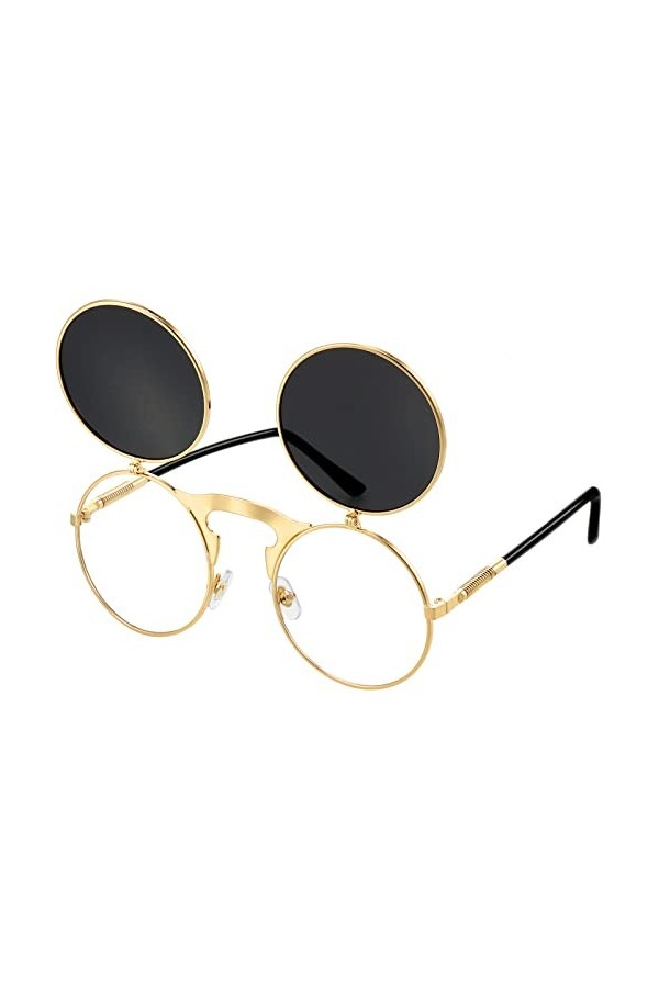 Lunette Soleil Steampunk Rabattable Noire Cadre Doré, Lentilles Grises 