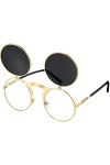 Lunette Soleil Steampunk Rabattable Noire Cadre Doré, Lentilles Grises 