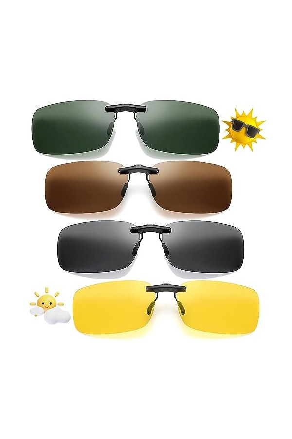 RISVOWO Clip Lunettes de Soleil, 4 Pièces Lunettes de Soleil à Clipser Unisexe, Éblouissement Uv400 Clip Polarisé, Pour Myope