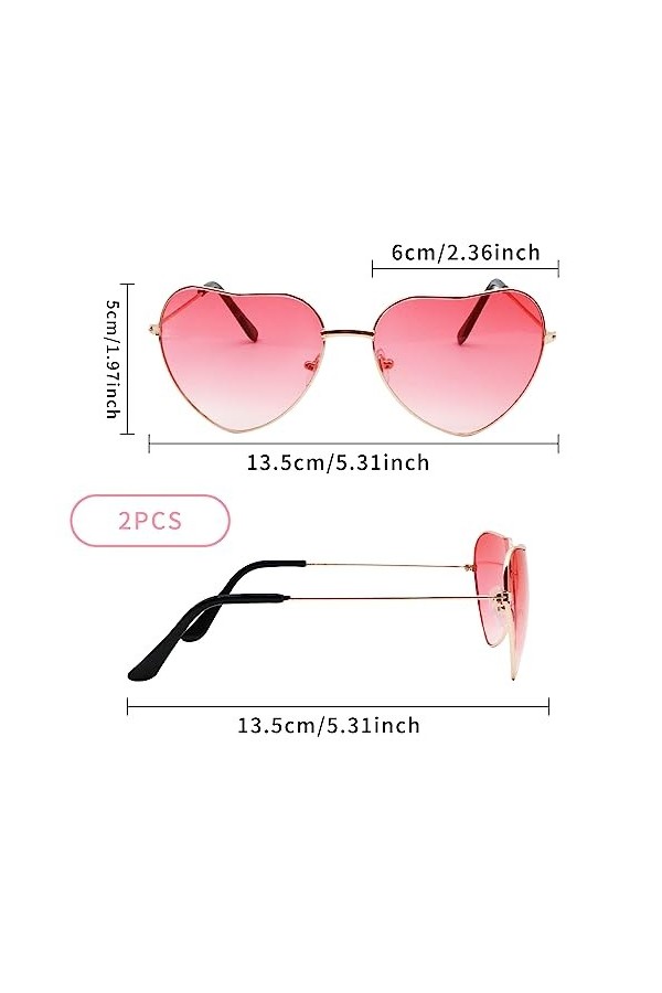 2 Paires Lunettes de Soleil Coeur Rose Couleur Dégradé Lunettes Soleil Hippies Vintage Années 70, 80 et 90 Lunettes Hippie po