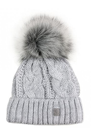 Ever Bloom Bonnet tricoté pour femme Motif torsadé Bonnet avec pompon en fourrure synthétique amovible Fabriqué en UE Bonnet 