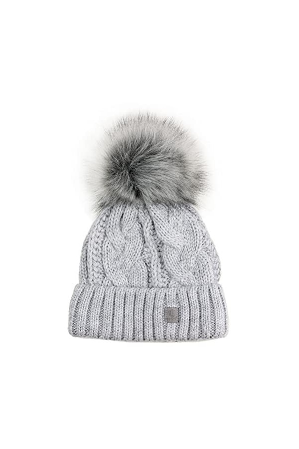 Ever Bloom Bonnet tricoté pour femme Motif torsadé Bonnet avec pompon en fourrure synthétique amovible Fabriqué en UE Bonnet 